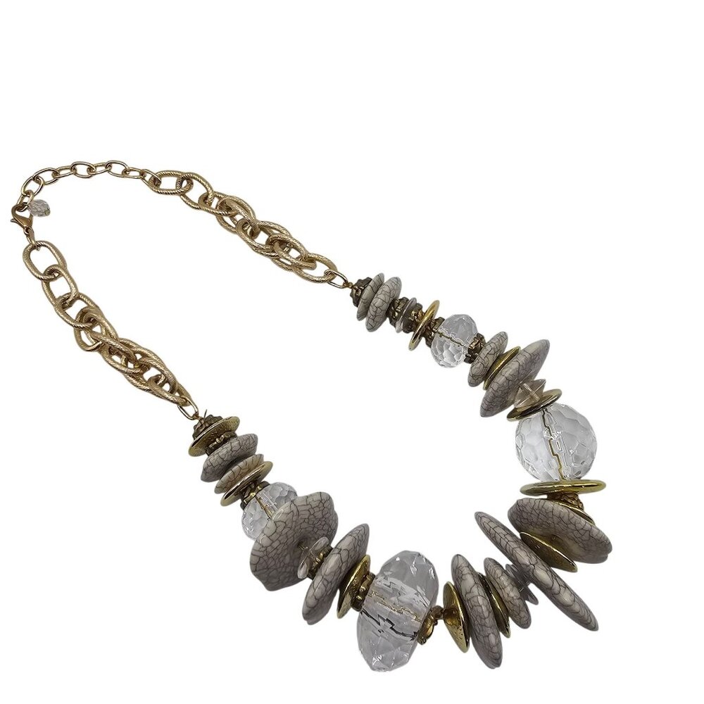 Chunky Statement Gold Tone‎ White/Gray Bead Chain Chic Fashion Jewelry Necklace - Picture 5 of 11